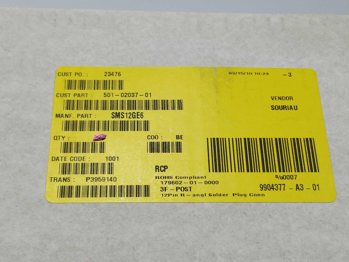 SOURIAU SMS12GE6 Right angle boardmount w/ male PCB contacts