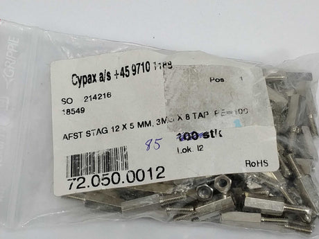 CYPAX 72.050.0012 Spacer brass 12x5mm 3MG 8mm tap, 85 Pcs.