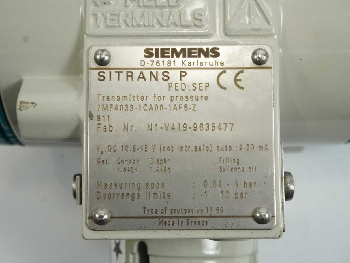Siemens 7MF4033-1CA00-1AF6-Z SITRANS P Transmitter for Pressure