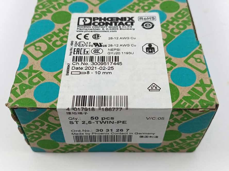 Phoenix Contact 3031267 ST 2,5-TWIN-PE Ground Modular Terminal Block. 50 pcs.