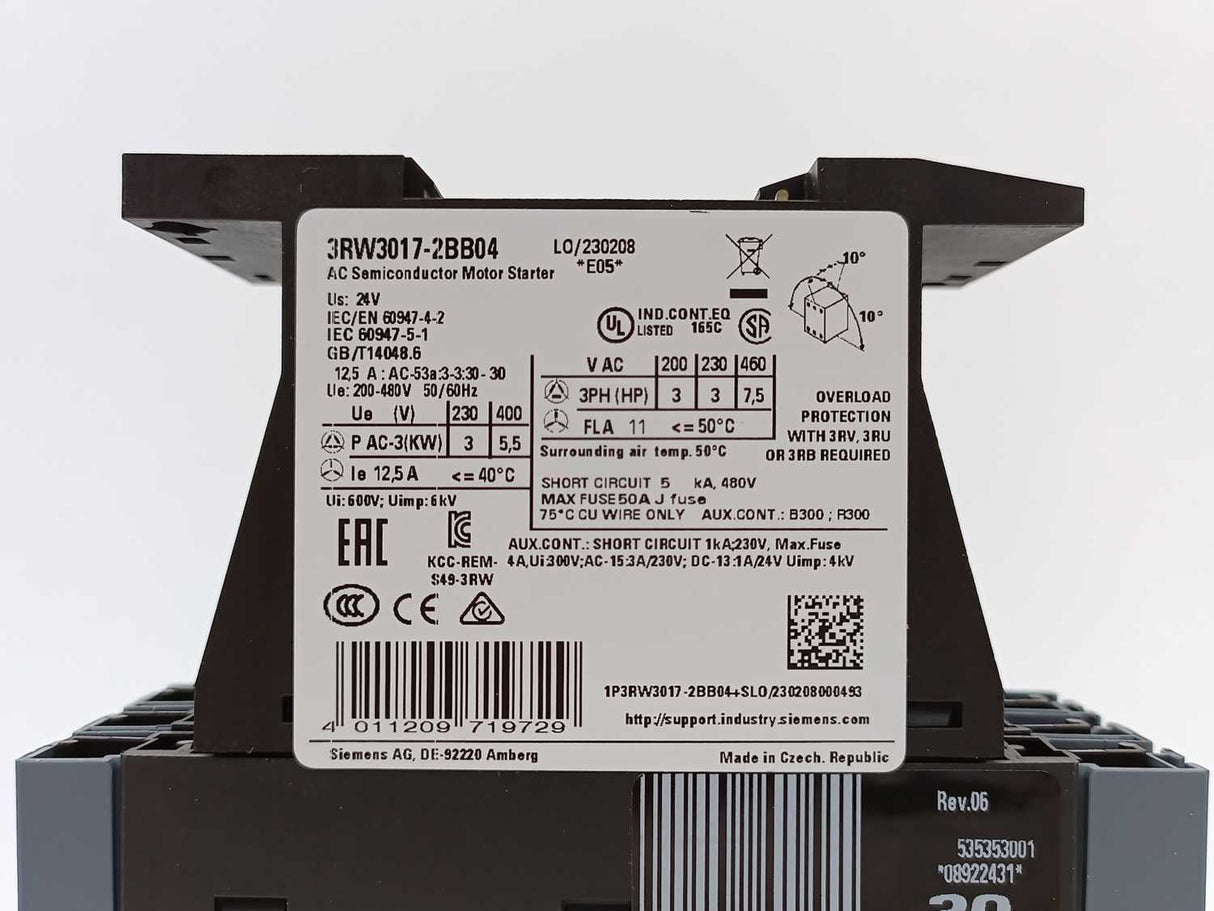 Siemens 3RW3017-2BB04 SIRIUS soft starter S00 12.5 A, 5.5 kW/400 V