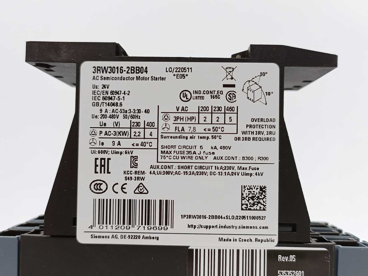 Siemens 3RW3016-2BB04 SIRIUS soft starter S00 9 A, 4 kW/400 V