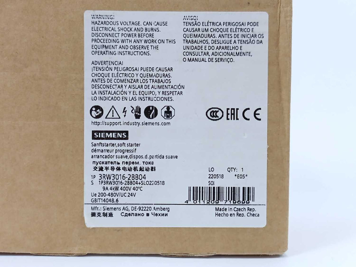 Siemens 3RW3016-2BB04 SIRIUS soft starter S00 9 A, 4 kW/400 V