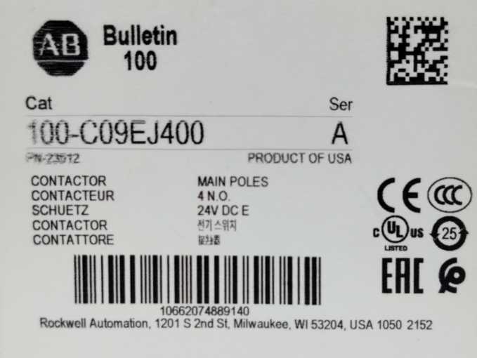 AB 100-C09EJ400 Ser A Contactor 24VDC