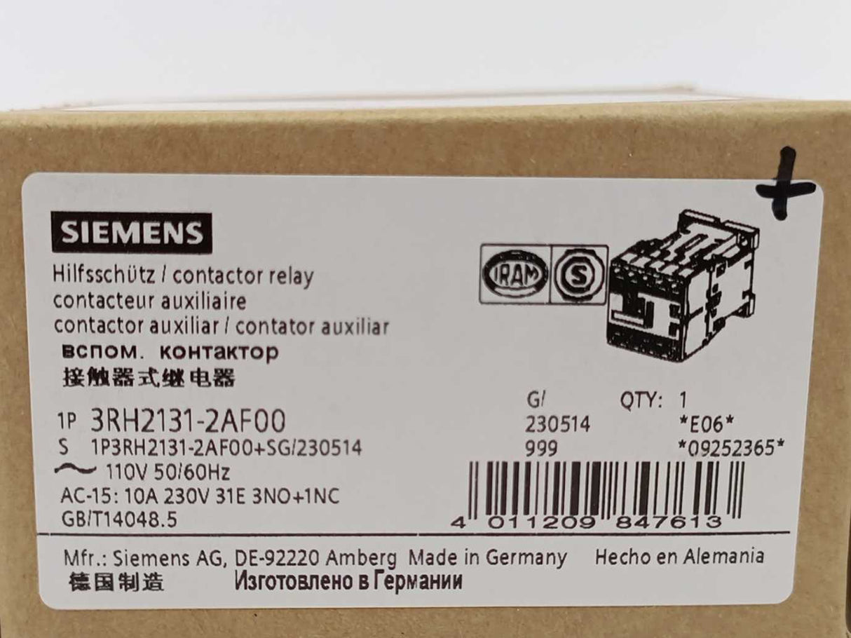 Siemens 3RH2131-2AF00 Contactor Relay 3 NO + 1 NC, 110 VAC