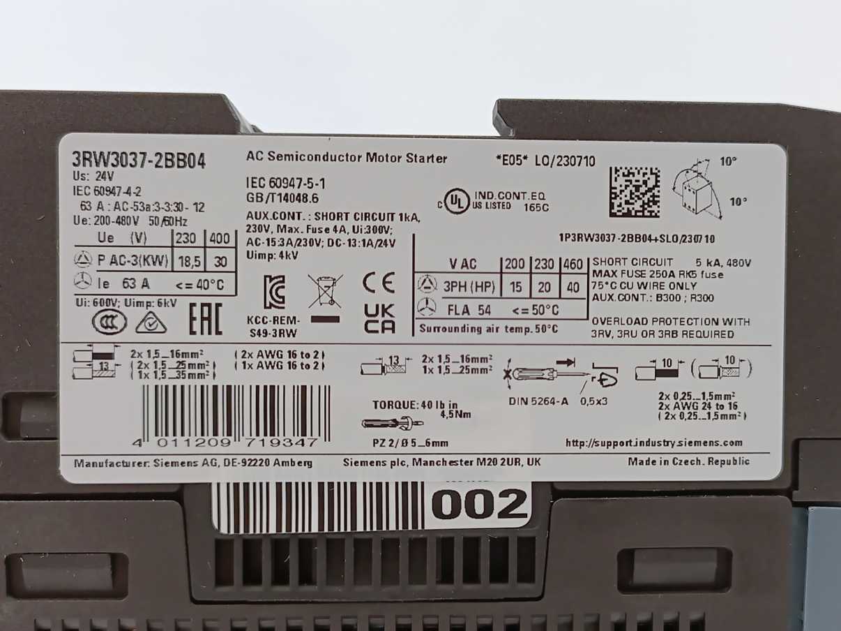 Siemens 3RW3037-2BB04 SIRIUS soft starter