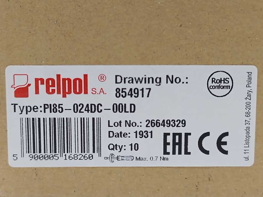 Relpol 854917 Interface Relay PI85-024DC-00LD 10 Pcs.