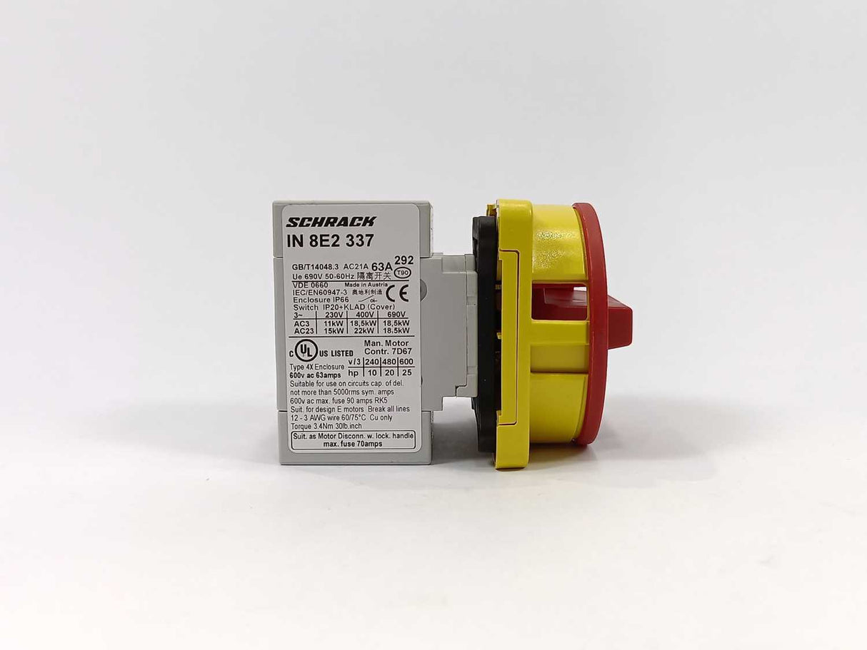 Schrack IN 8E2 337 Emergency-Stop Main Switch 3-pole 4 hole mounting 63A 22kW
