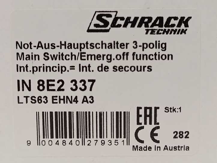 Schrack IN 8E2 337 Emergency-Stop Main Switch 3-pole 4 hole mounting 63A 22kW