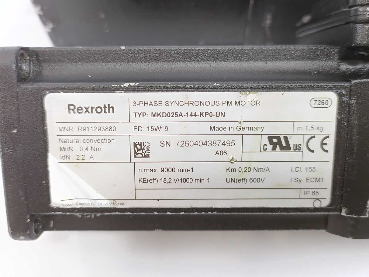 Rexroth R911293880 MKD025A-144-KP0-UN 3-Phase Synchronous PM Motor