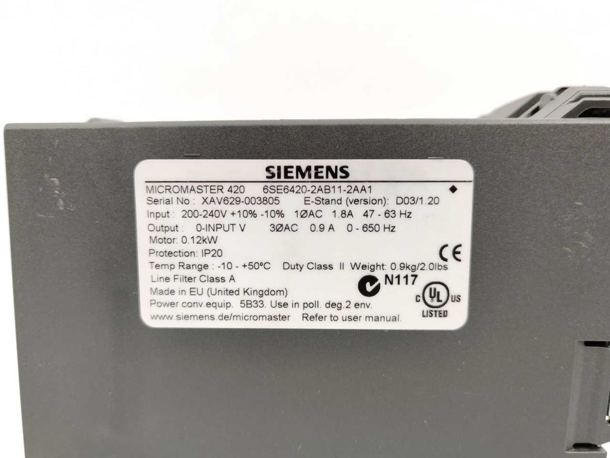 Siemens 6SE6420-2AB11-2AA1 MICROMASTER 420
