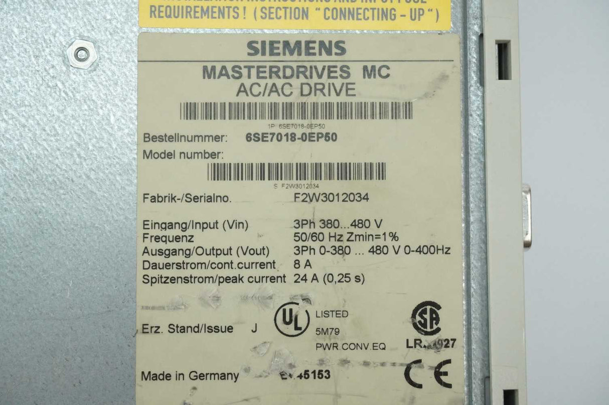 Siemens 6SE7018-0EP50 Masterdrives MC AC/AC Drive