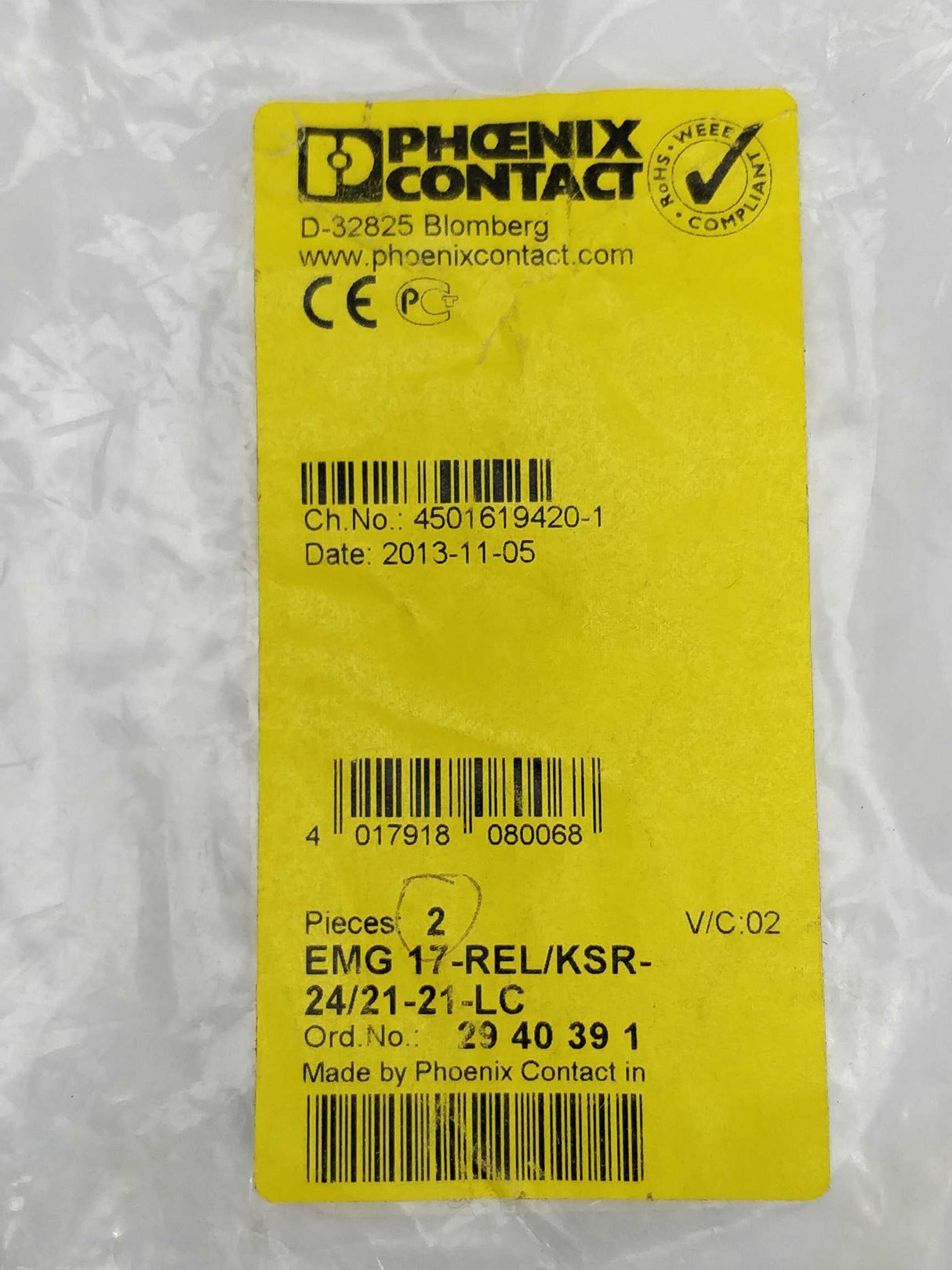 Phoenix Contact 2940391 Relay Module, 2 CO contacts 2Pcs