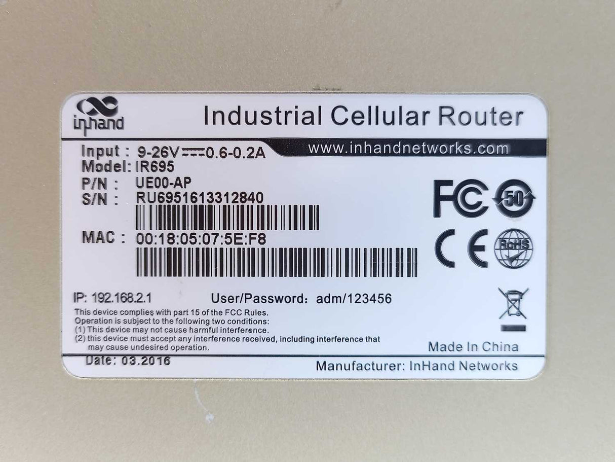 InHand IR695 UE00-AP Industrial Cellular Router 9-26V 0.6-0.2A