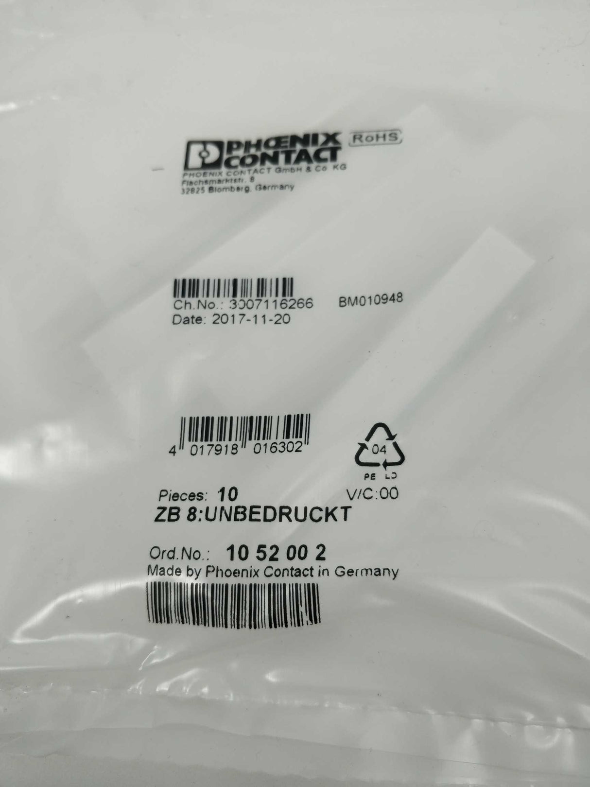 Phoenix Contact 1052002 ZB 8:UNBEDRUCKT 10 Pcs.
