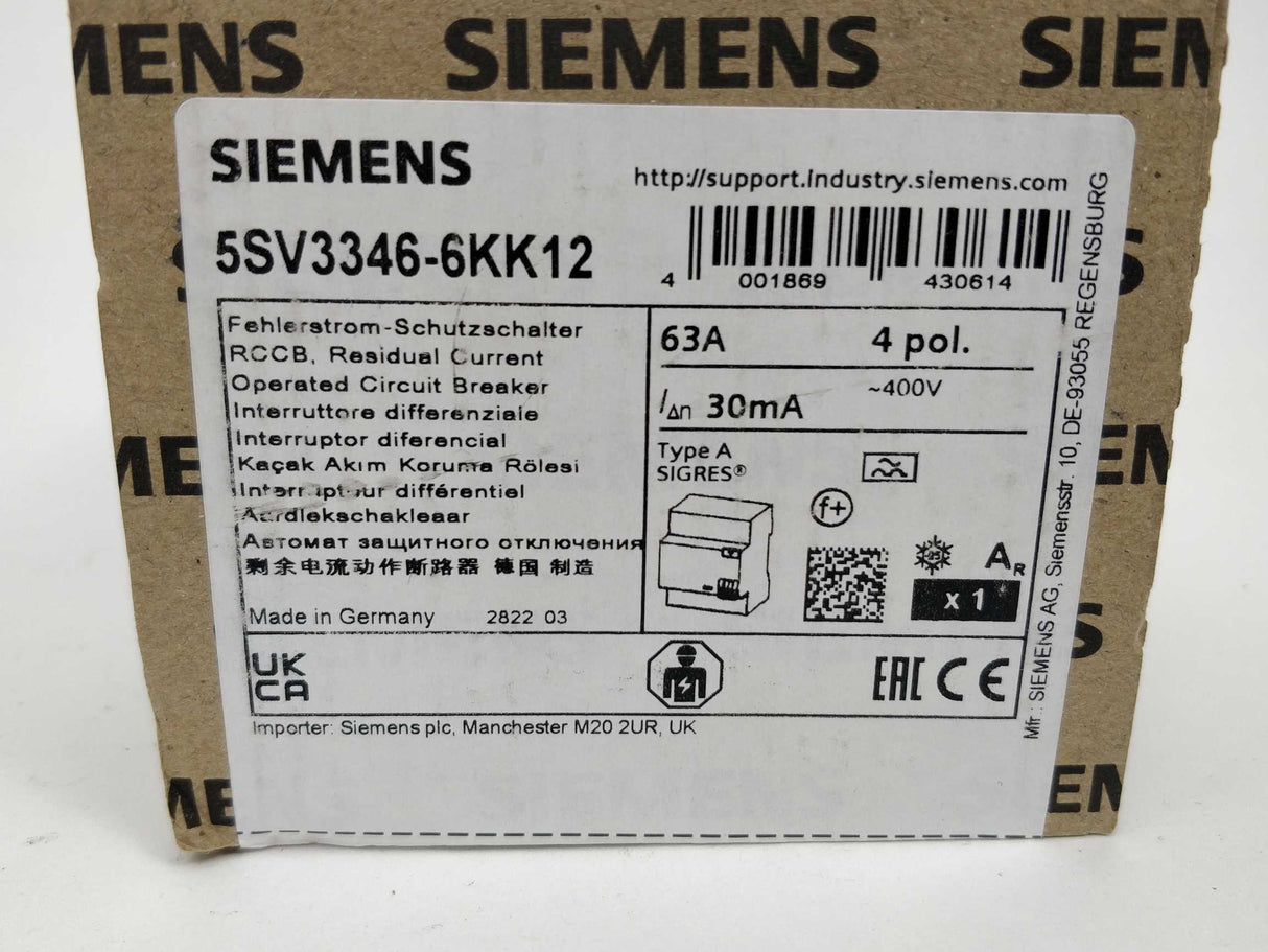 Siemens 5SV3346-6KK12 Operated Circuit Breaker 30mA 400V