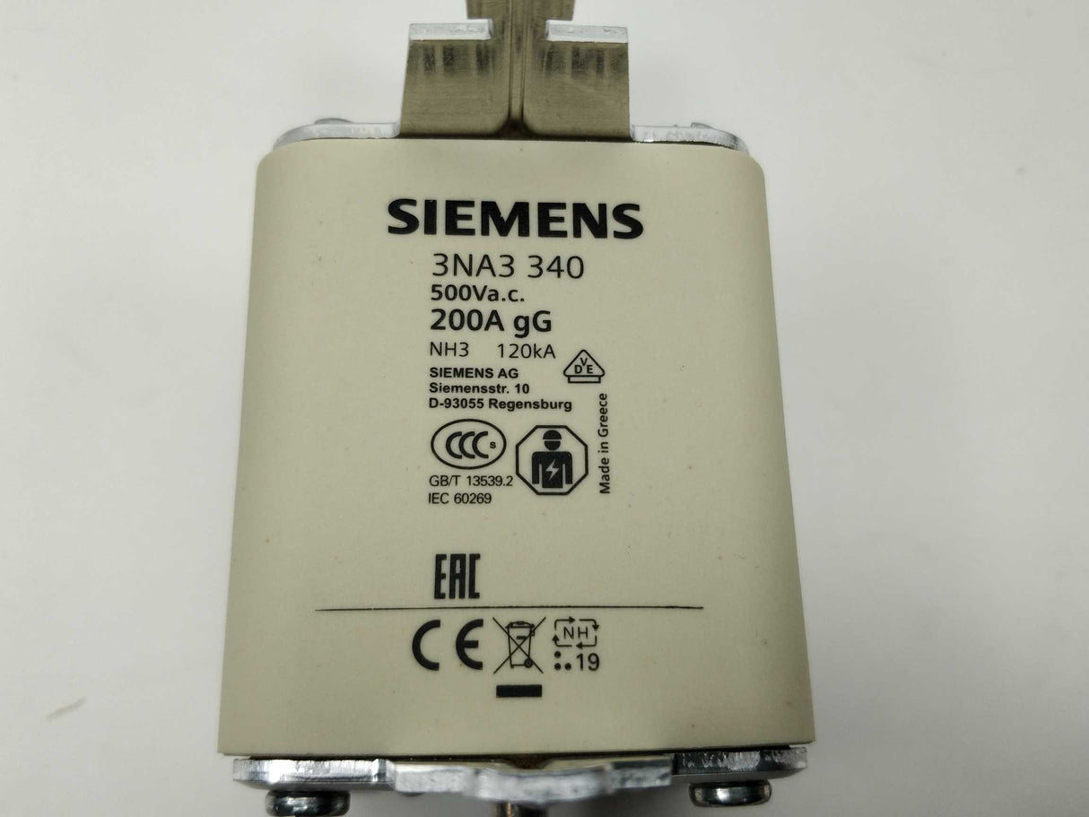 Siemens 3NA3 340 LV HRC Fuse-link/element. 200A 3Pcs.