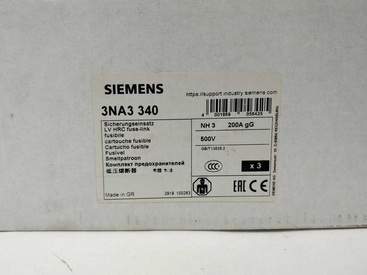 Siemens 3NA3 340 LV HRC Fuse-link/element. 200A 3Pcs.