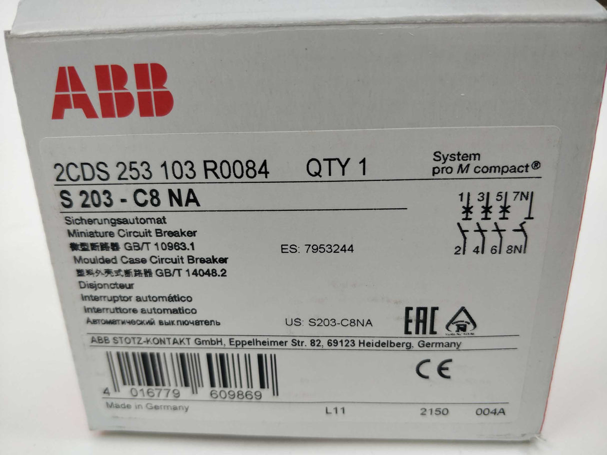 ABB 2CDS253103R0084 S203-C8NA Miniature Circuit Breaker - 3+NP - C - 8 A