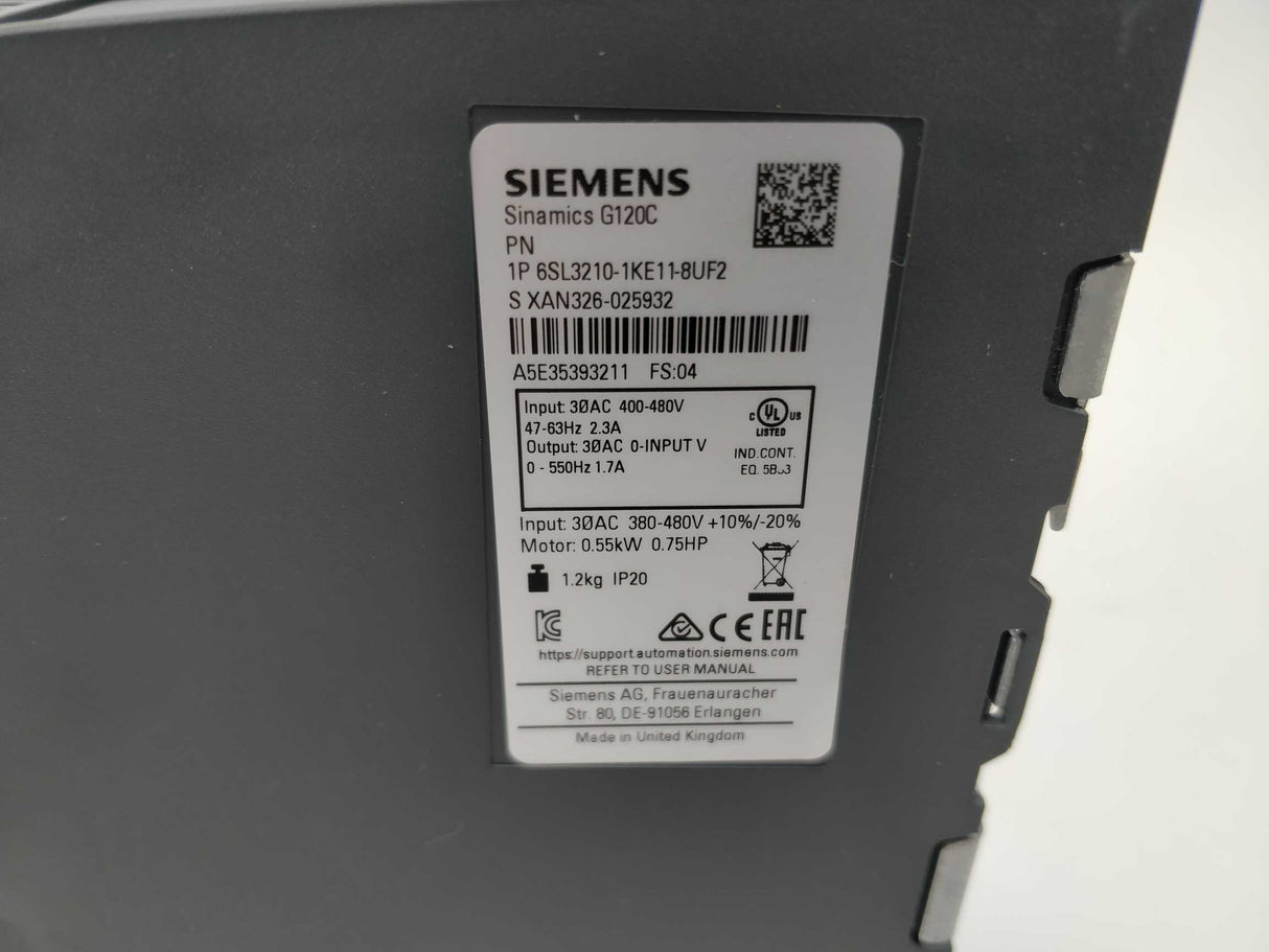 Siemens 6SL3210-1KE11-8UF2 Sinamics G120C PN 0,55kW Frequency Converter