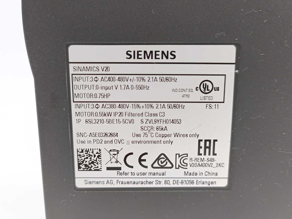 Siemens 6SL3210-5BE15-5CV0 SINAMICS V20 Inverter