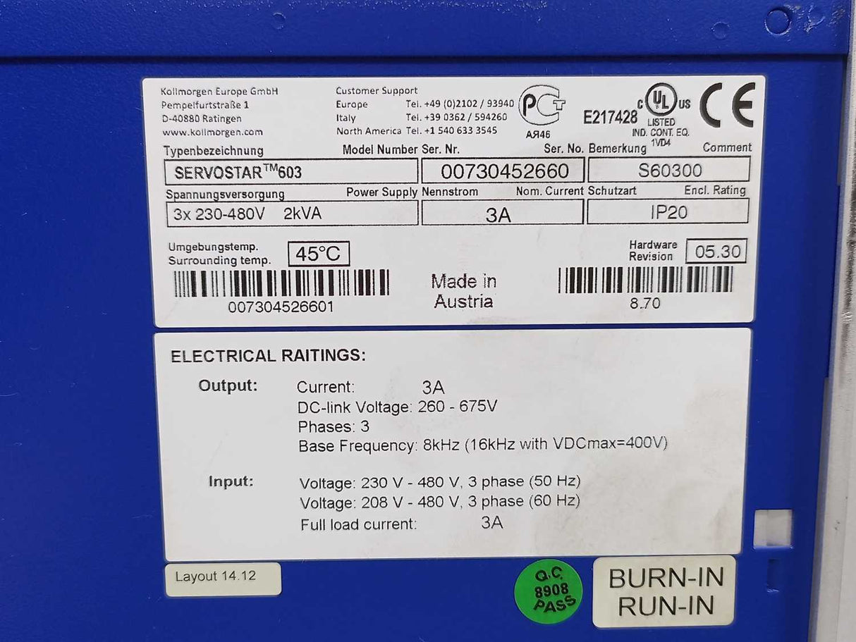 KOLLMORGEN SERVOSTAR 603-AS Digital Servo Amplifier S60301-PB