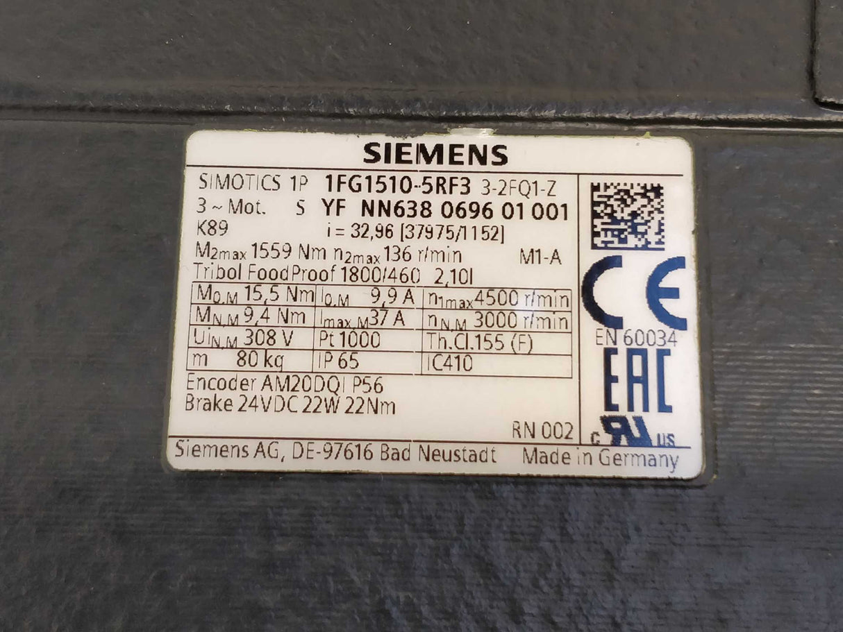 Siemens 1FG1510-5RF33-2FQ1-Z K89 Motor