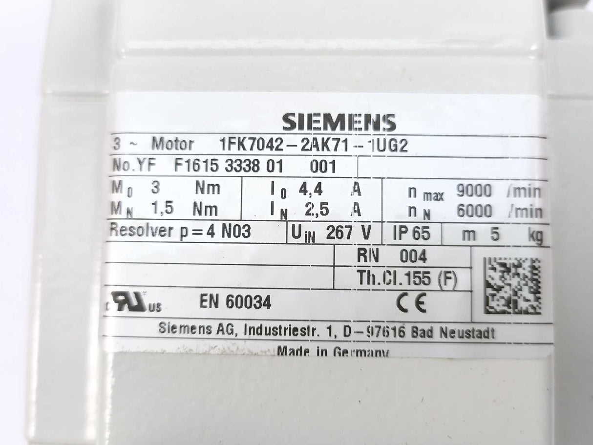 Siemens 1FK7042-2AK71-1UG2 SIMOTICS S Synchronous 3-Phase Motor