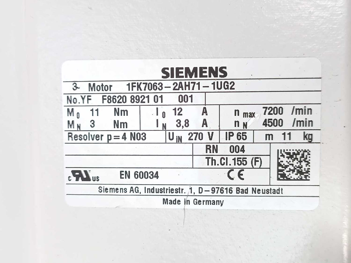 Siemens 1FK7063-2AH71-1UG2 SIMOTICS S synchronous motor 1.4kW