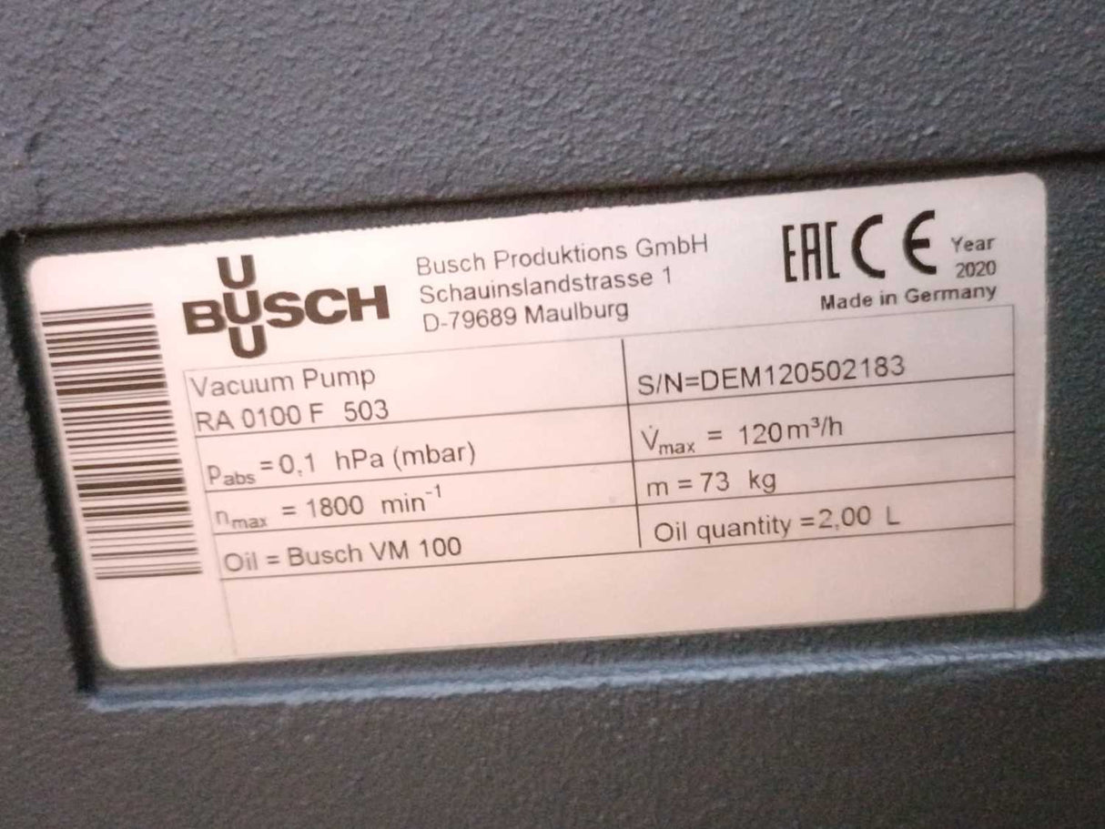 Busch RA 0100 F 503 Vacuum Pump R5 RA 0100F 120m3/h