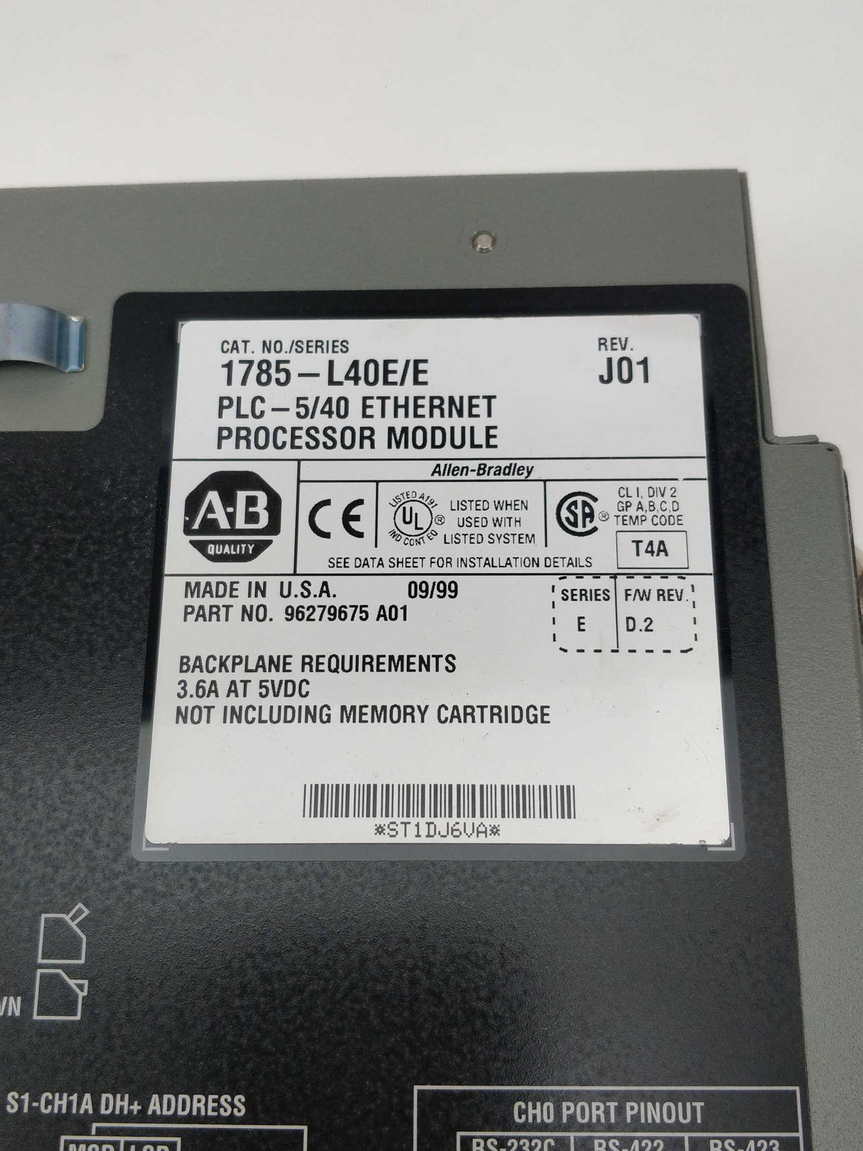 AB 1785-L40E/E PLC-5/40 Ethernet processor module Rev.J01 Ser.E F/W Rev.D.2