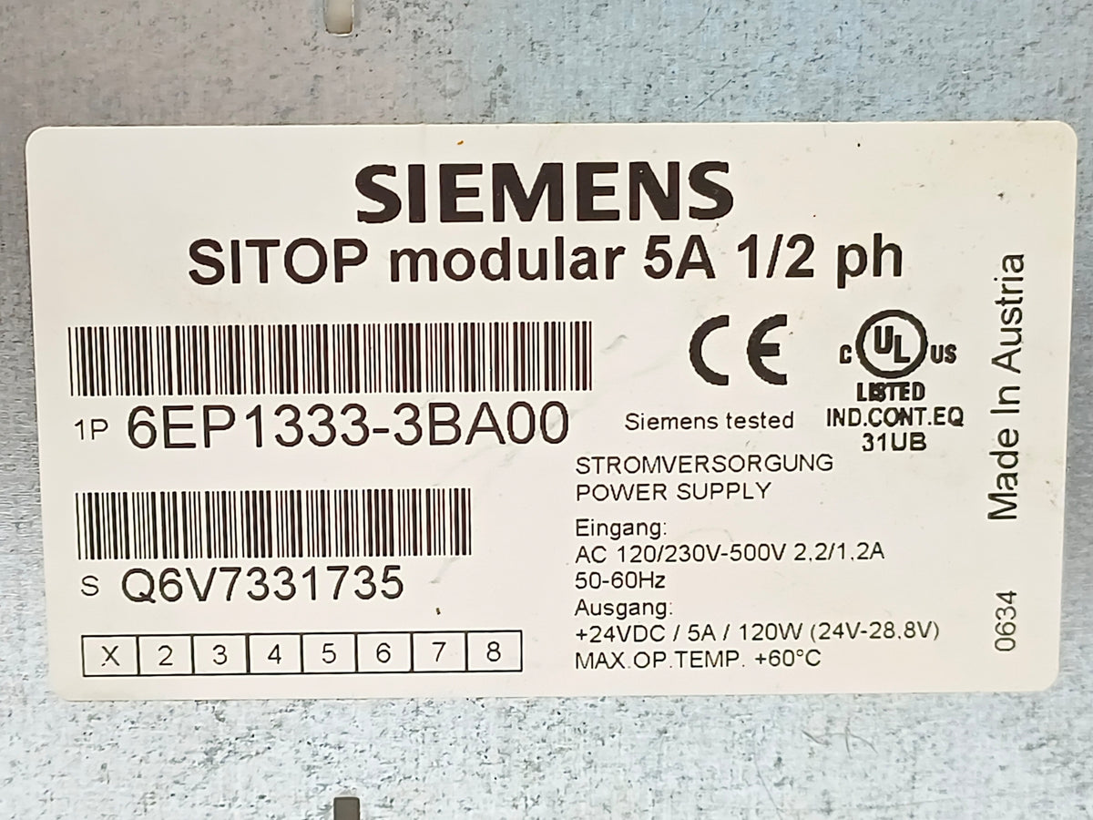 Siemens 6EP1333-3BA00 SITOP modular 5A 1/2 ph E01 out: 24V 5A