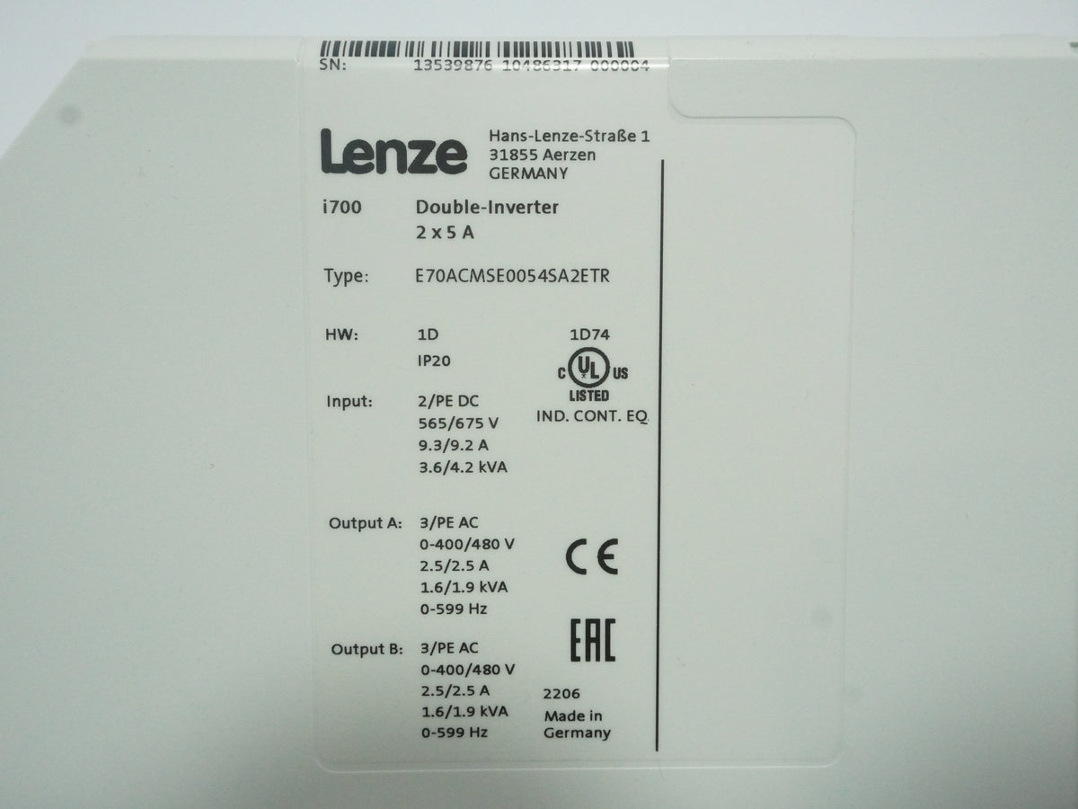 Lenze E70ACMSE0054SA2ETR i700 Double-Inverter 565/675V