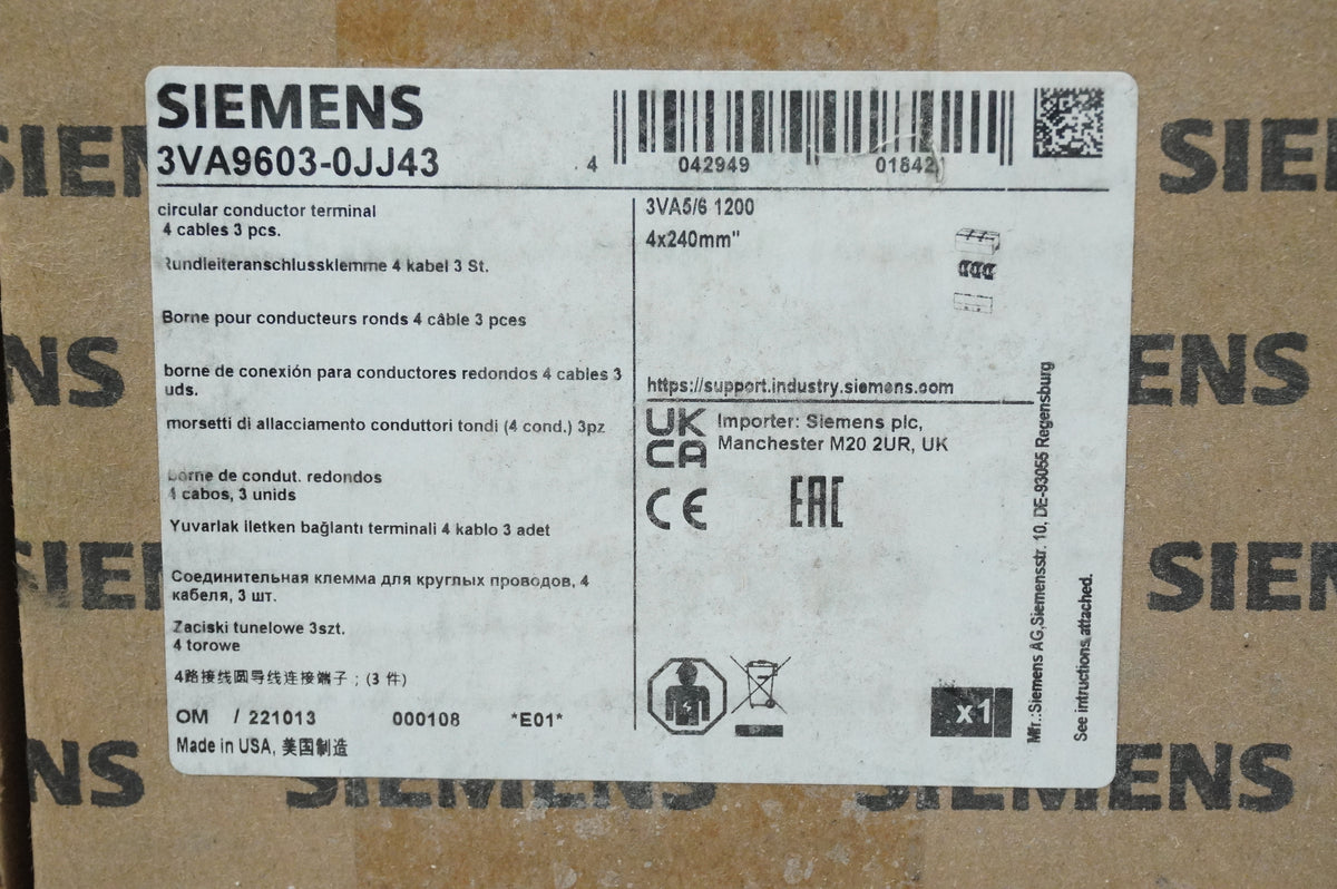 Siemens 3VA9603-0JJ43 Circular Conductor Terminal 4 Cables 3 pcs.