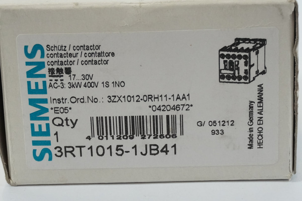 Siemens 3RT1015-1JB41 Contactor AC-3 3kW 400V 1S 1NO