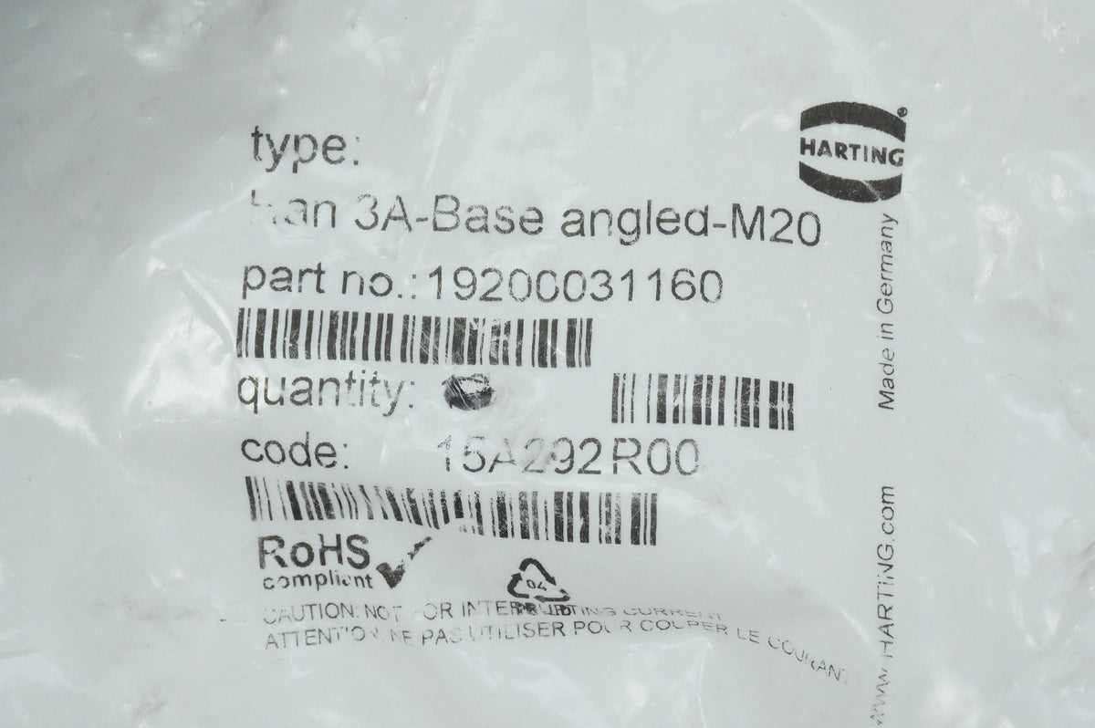 Harting 19200031160 Han 3A Screw-In Housing Angled-M20 Batch 6 Pcs.