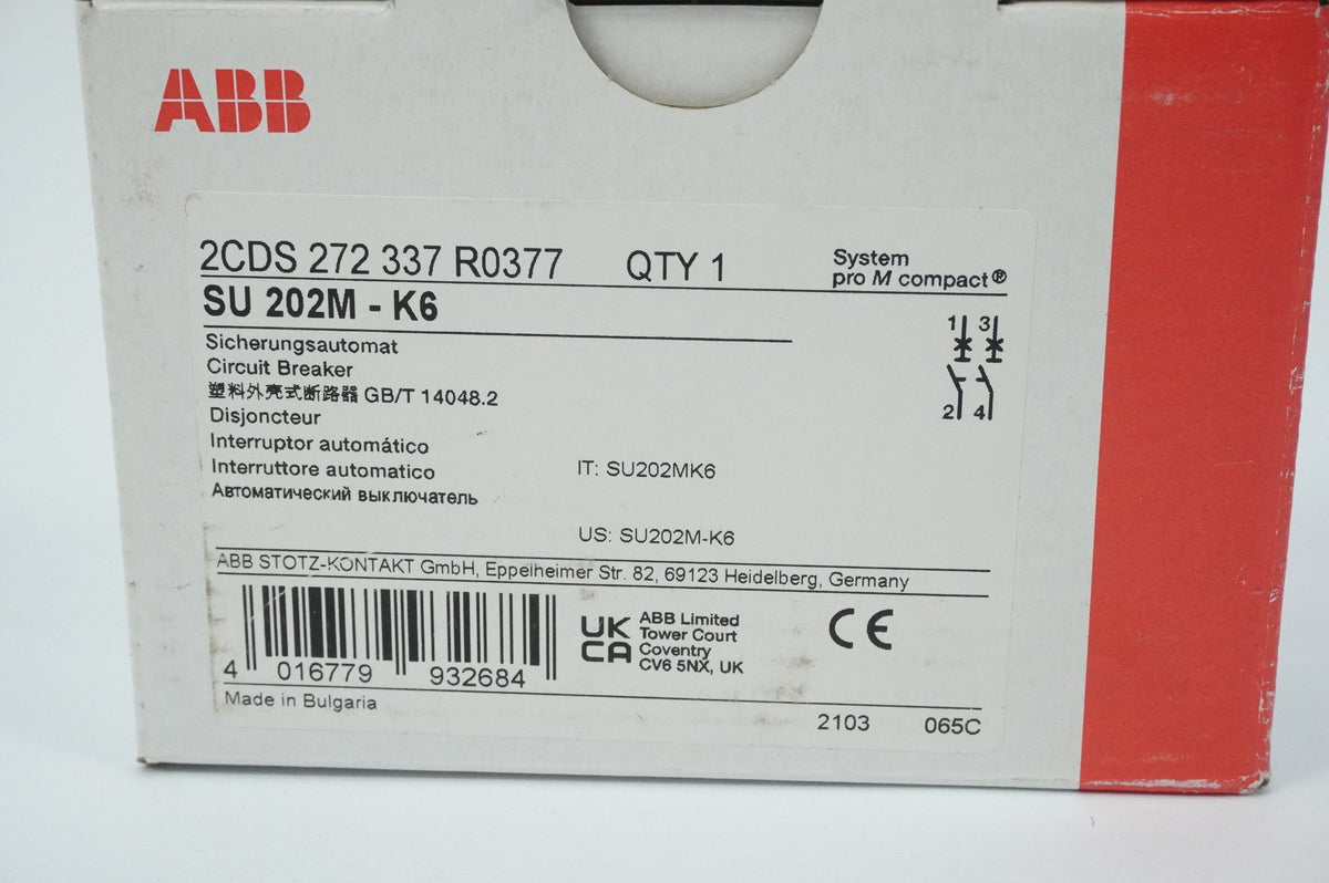 Abb 2CDS272337R0377 SU 202M-K6 Circuit Breaker 2-pole 6A K-characteristic