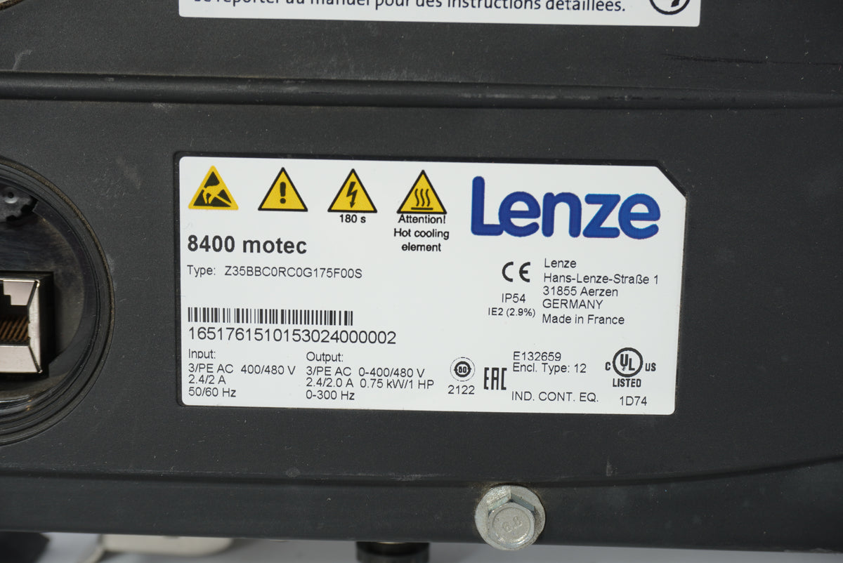 Lenze E84DGDVB75142PS 8400 motec Drive Unit, W:Z35BBC0RC0G175F00S, E84DGS3KCENND