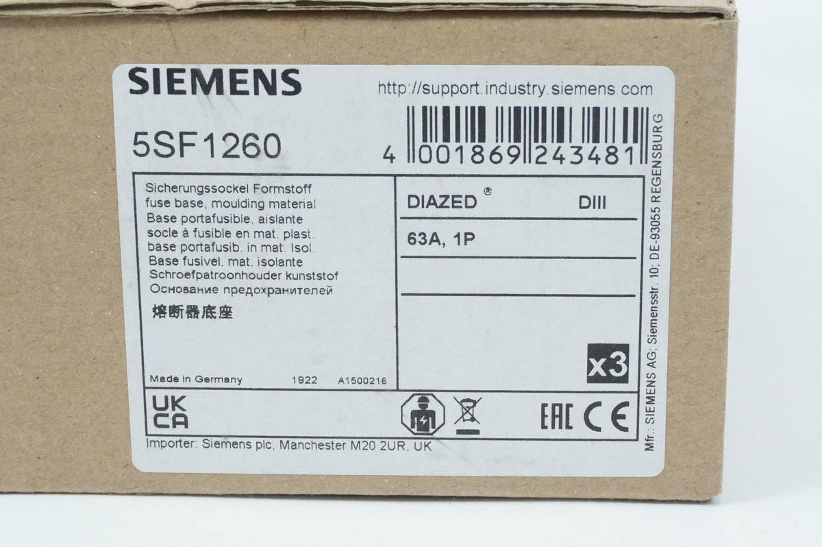 Siemens 5SF1260 DIAZED DIII Fuse Base 63A 1P Moulding Material