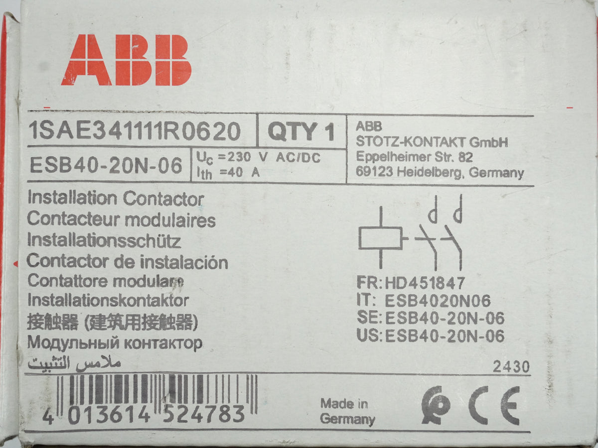 Abb 1SAE341111R0620 ESB40-20N-06 Installation Contactor 230VDC 40-400Hz