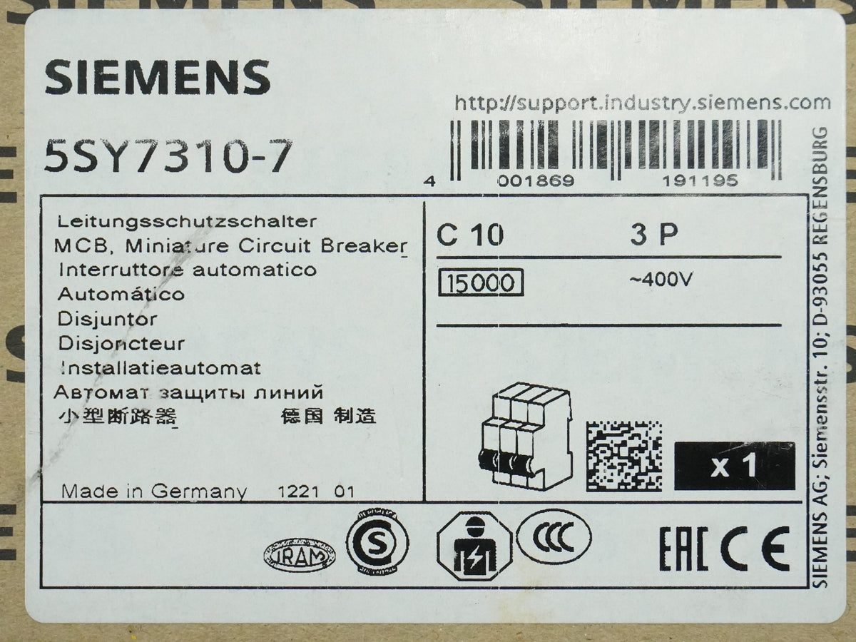 Siemens 5SY7310-7 MCB Miniature Circuit Breaker C10 3P