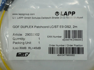 Lapp 29032902 GOF DUPLEX Patchcord LC/ST E9 OS2, 2m Batch of 6pcs.