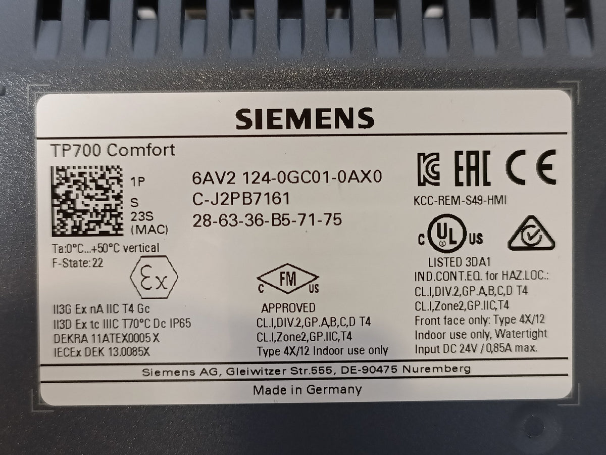 Siemens 6AV2 124-0GC01-0AX0 TP700 Comfort SIMATIC Touch Screen