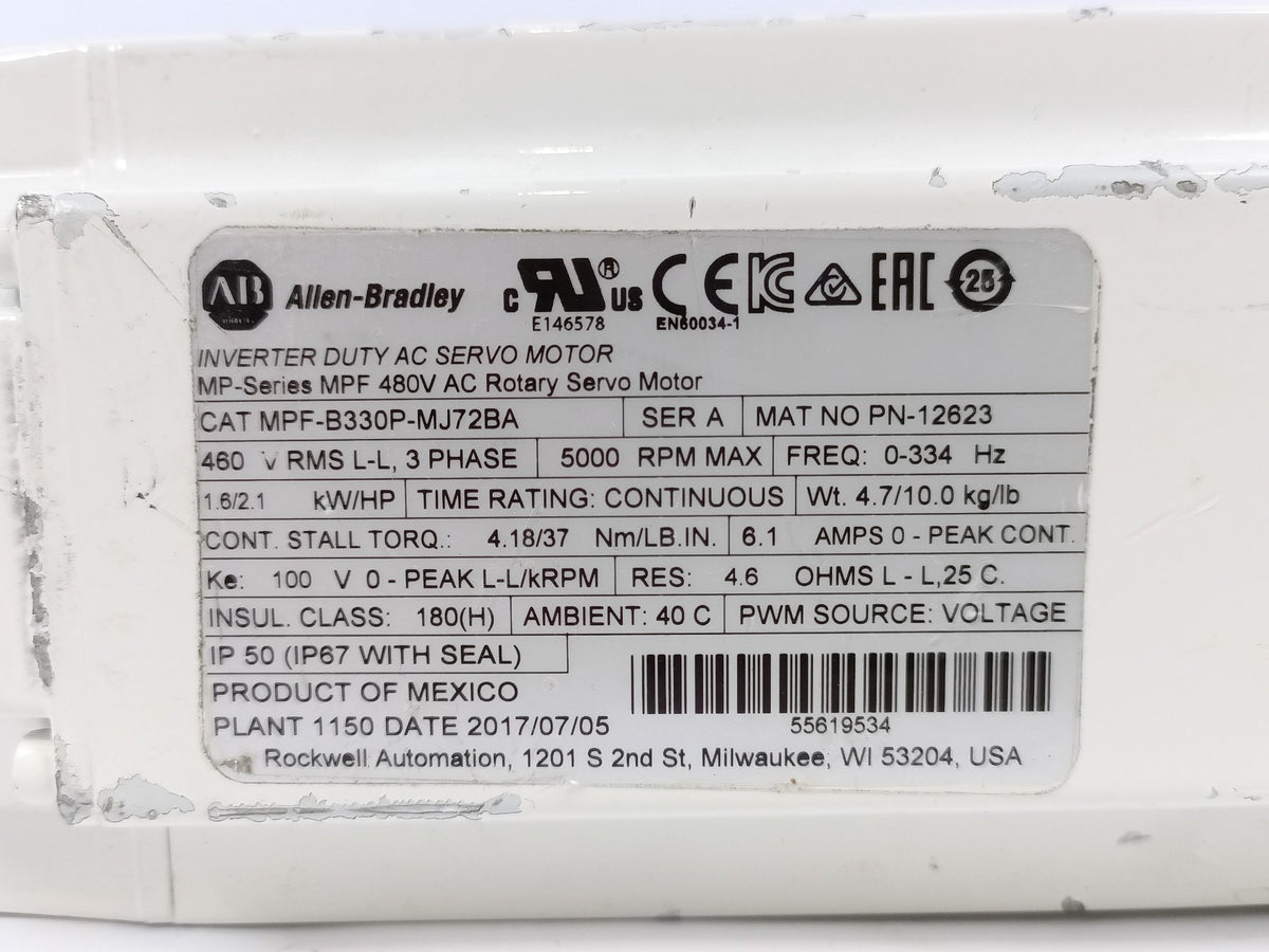 Ab MPF-B330P-MJ72BA Kinetix MP-Series MPF 480V AC Rotary Servo Motor Series A