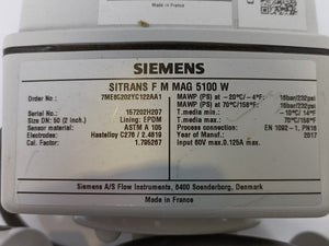Siemens 7ME65202YC122AA1 Electromagnetic Flow Sensor W/ 7ME6910-1AA10-1AA0