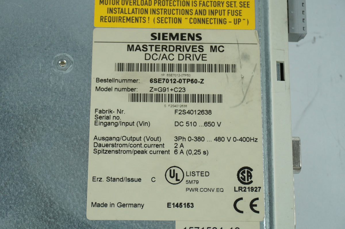 Siemens 6SE7012-0TP50-Z Master Drives MC DC/AC Drive Z=G91+C23