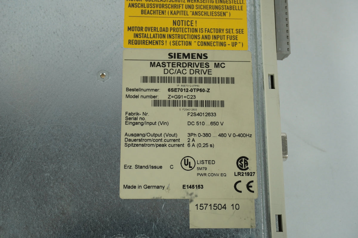Siemens 6SE7012-0TP50-Z Masterdrives MC DC/AC Drive Z=G91+C23