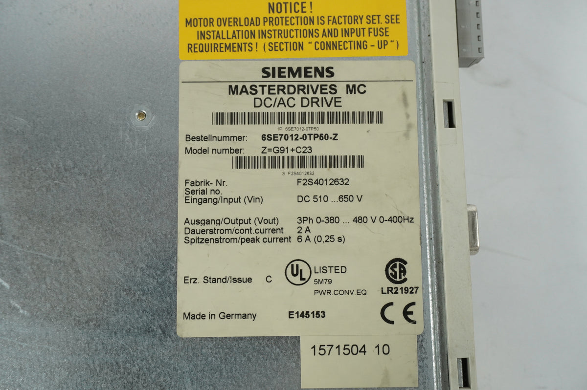 Siemens 6SE7012-0TP50-Z Masterdrives MC DC/AC Drive Z=G91+C23