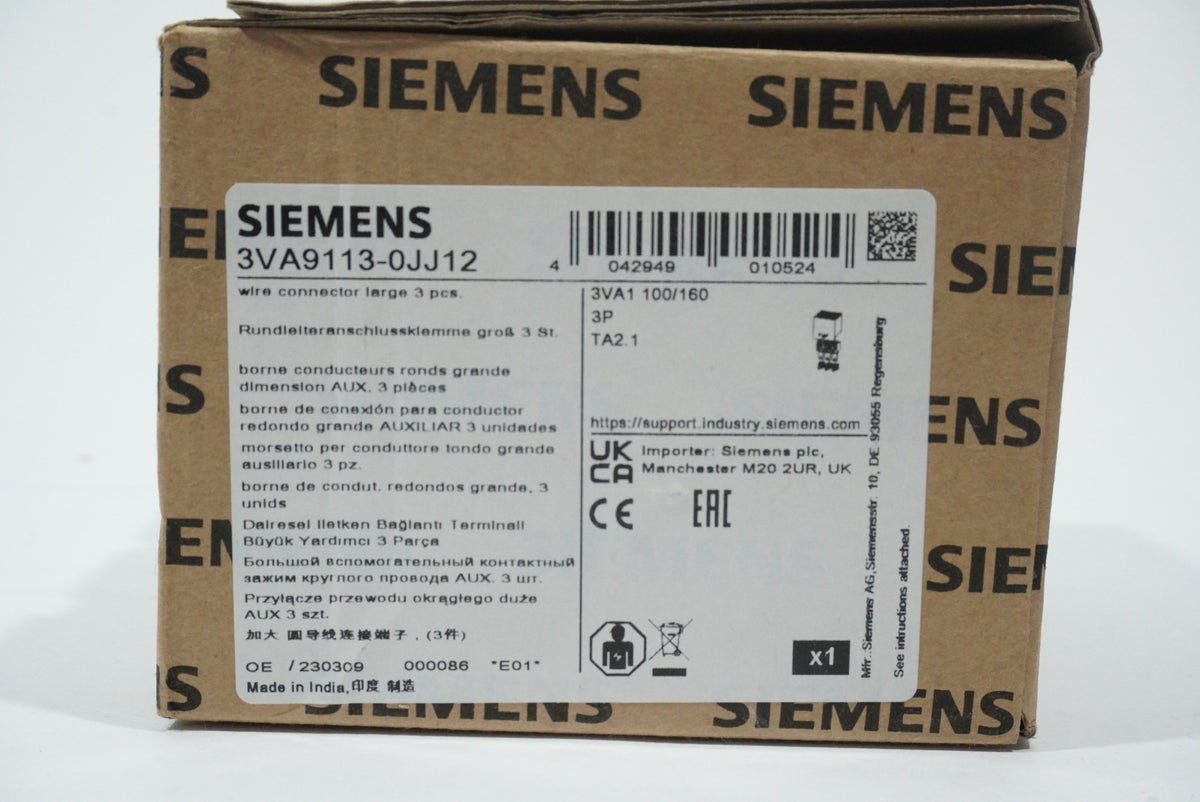 Siemens 3VA9113-0JJ12 Wire Connector Large 3 pcs. for 3VA1 100/160
