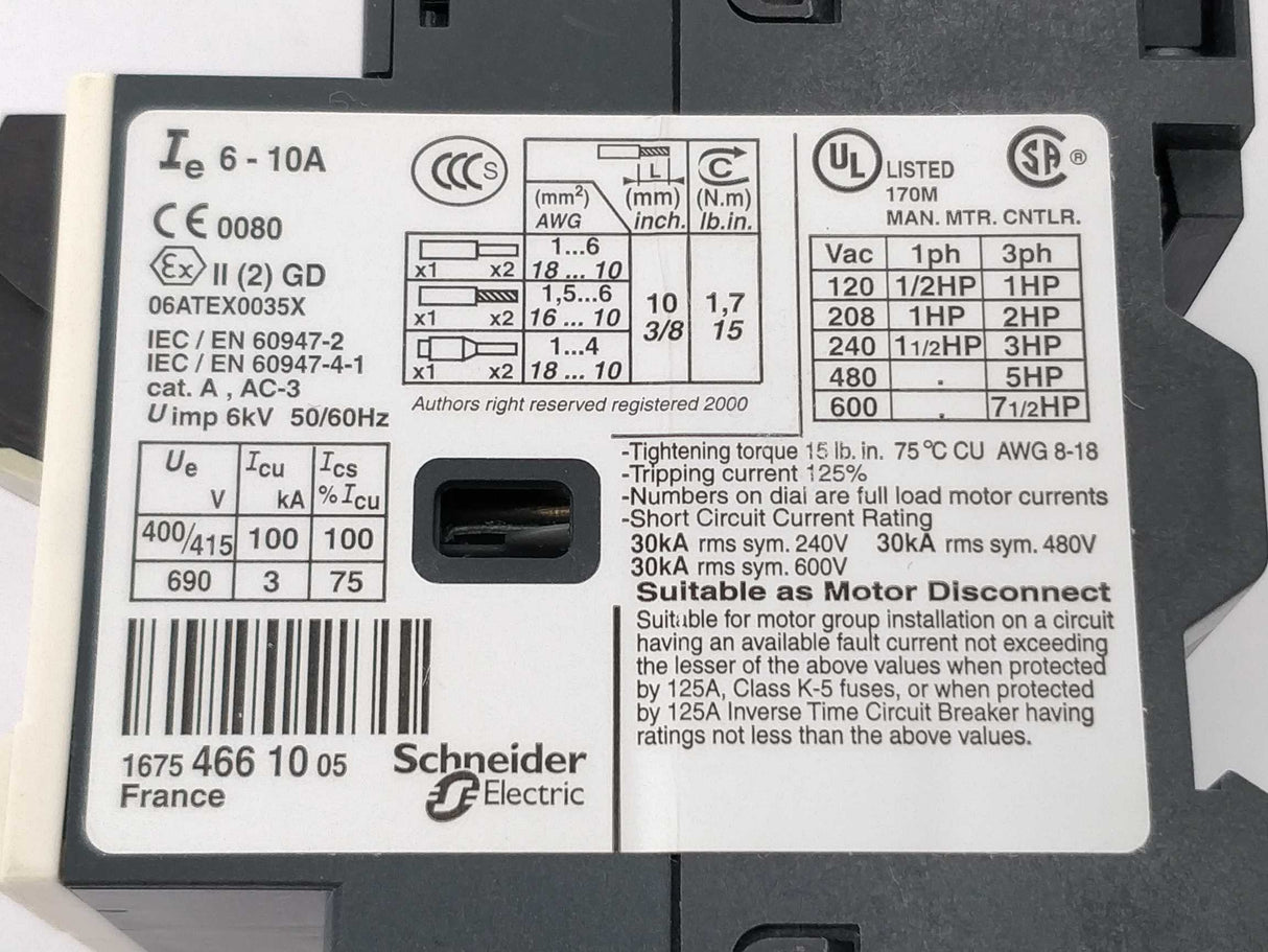 Schneider / Telemecanique GV2ME14 6-10A Circuit breaker 034313